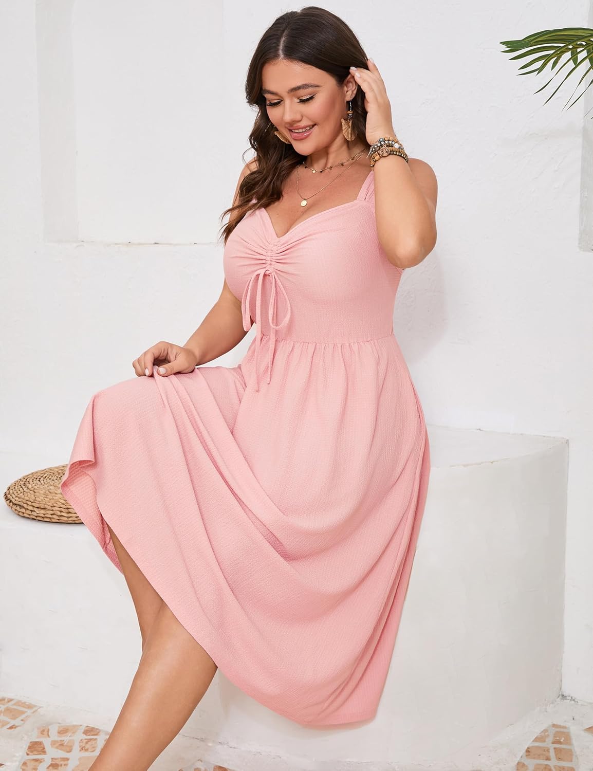 ShopWonder Plus Size Summer Dress for Women Sleeveless Spaghetti Strap V Neck Tie Front A Line Casual Beach Midi Dress