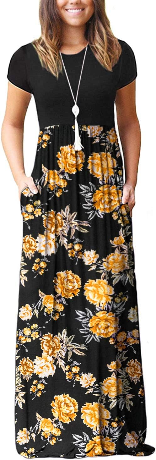 DEARCASE Maxi Dress for Women Short Sleeve Casual Summer Loose Plain Comfy Long Dresses with Pockets