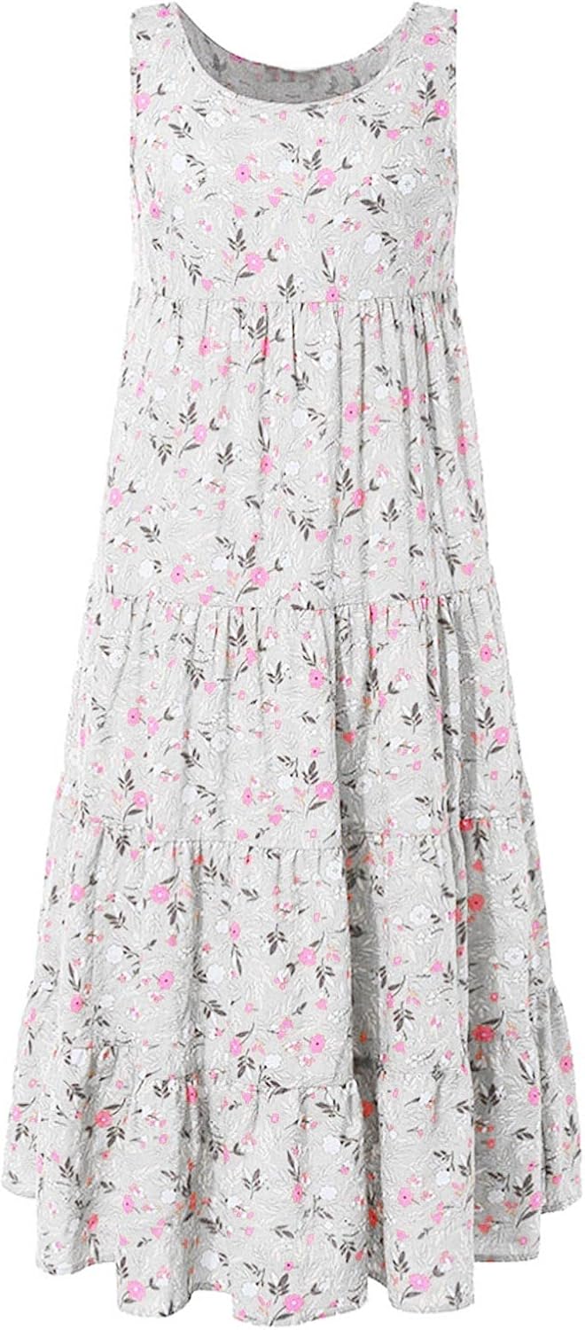 Ceboyel Women Boho Floral Maxi Dresses Flowy Tank Dress Sleeveless Smocked Sundresses Trendy Casual Beach Long Sun Dress