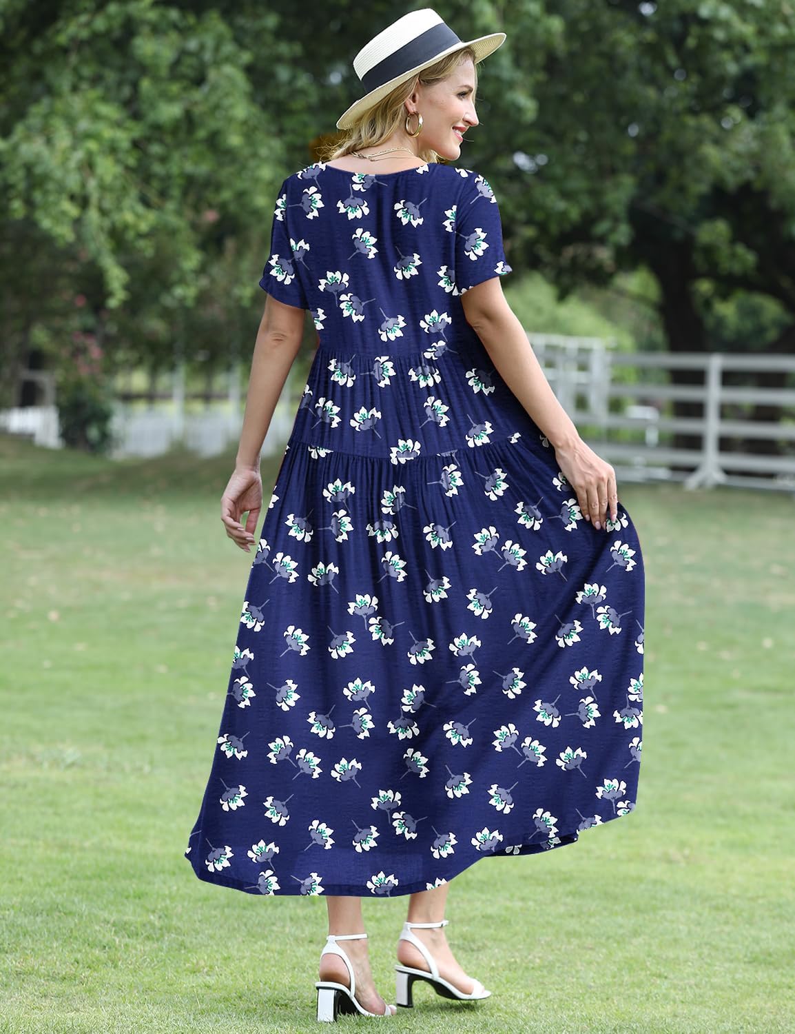 YESNO Women Casual Loose Bohemian Floral Dress with Pockets Short Sleeve Long Maxi Summer Beach Swing Dress EJF