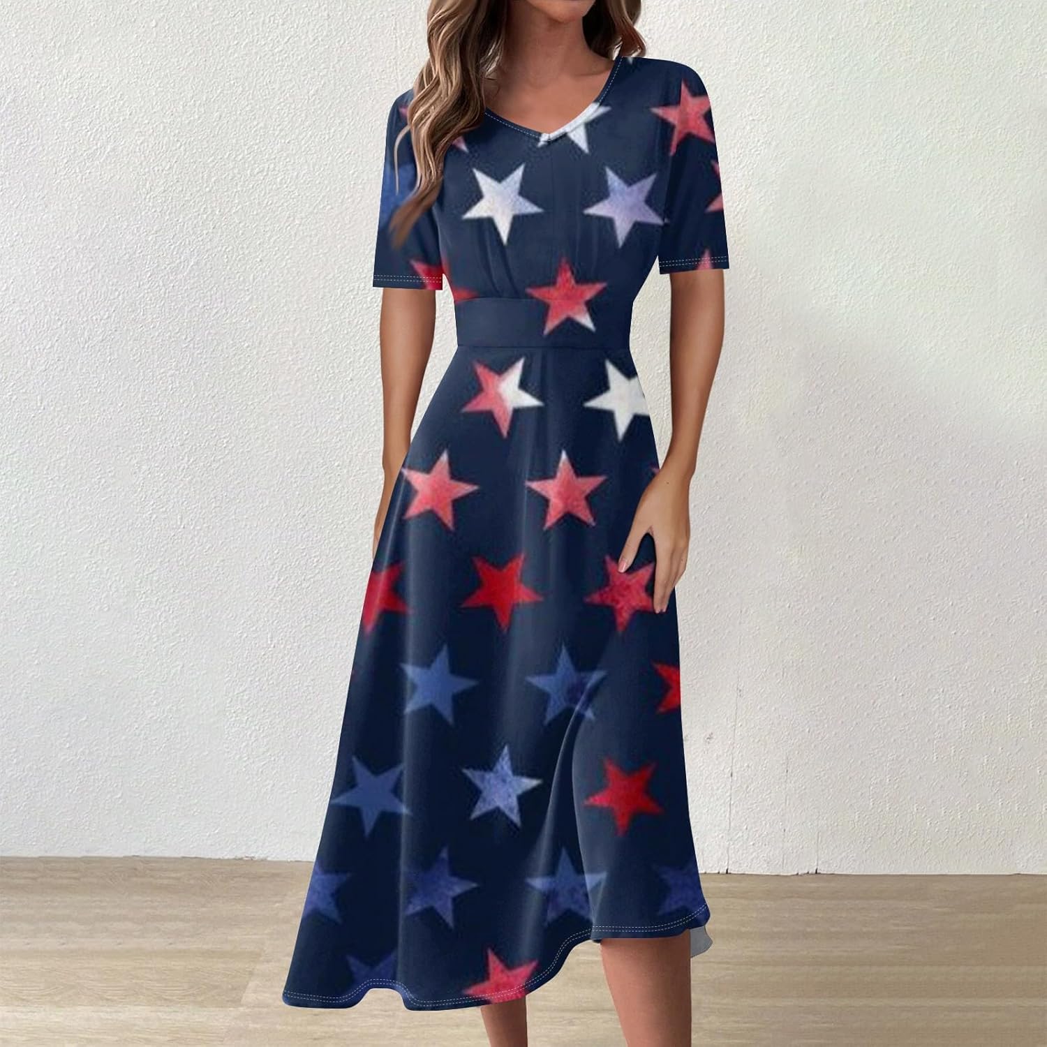 Women's Patriotic Star Print Midi Short Sleeve V-Neck Casual A-Line Dress for Summer Parties & Events