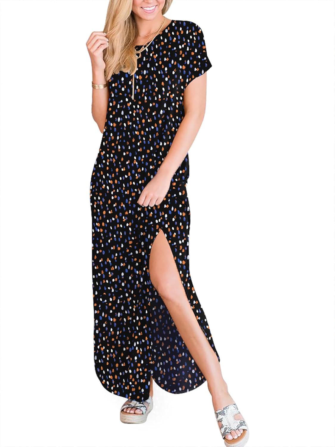 ANRABESS Women's Summer Casual Loose Short Sleeve Long T Shirt Dress Split Maxi Beach Sundress Travel Vacation Outfits