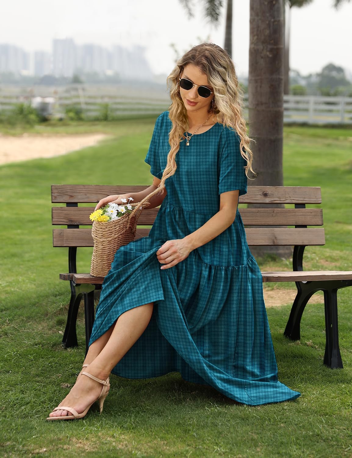 YESNO Women Casual Loose Bohemian Floral Dress with Pockets Short Sleeve Long Maxi Summer Beach Swing Dress EJF