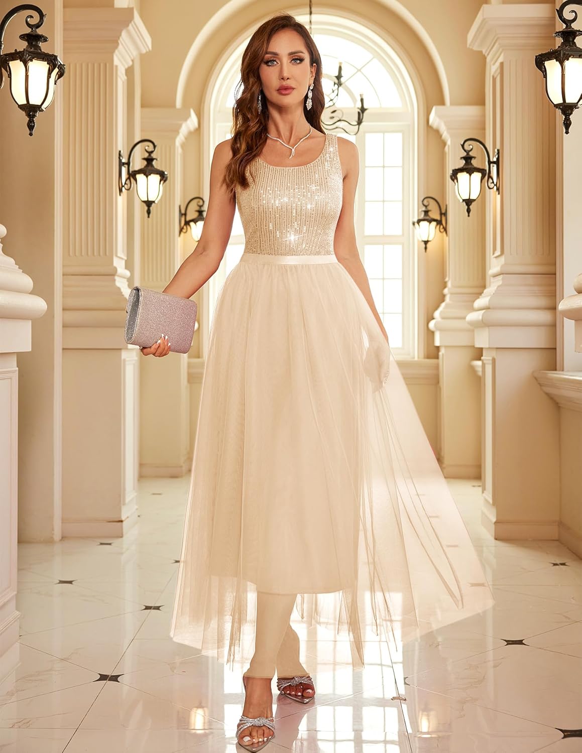 BeryLove Sequin Dress for Woman Vintage A Line Wedding Formal Swing Mesh Dress Sleeveless Cocktail Maxi Gowns