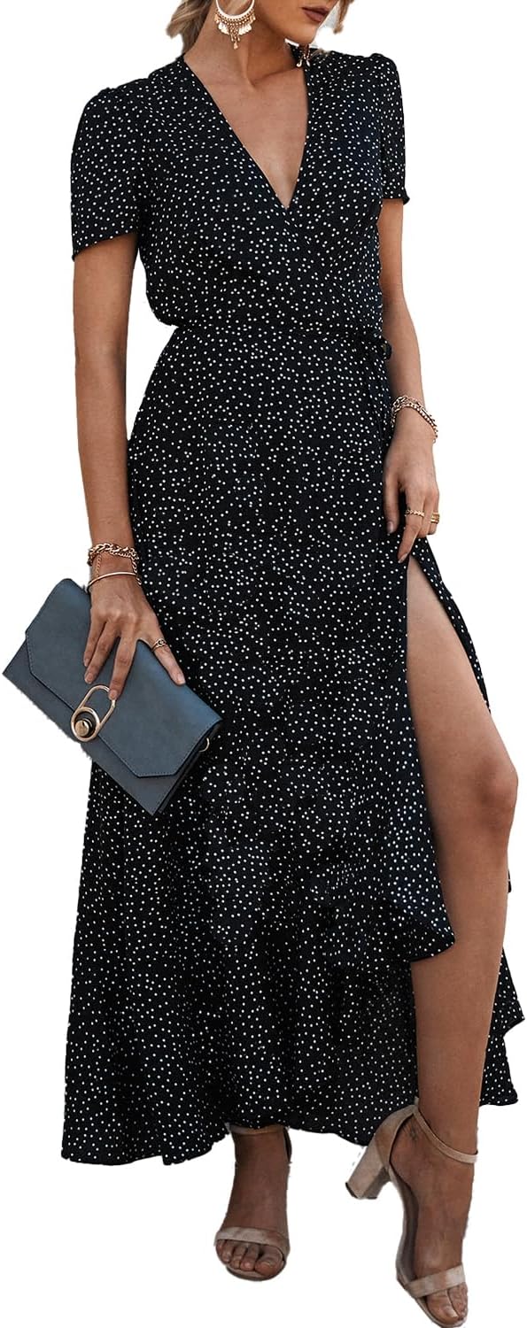 PRETTYGARDEN Women's Summer Wrap Maxi Dress Casual Short Sleeve Floral Boho V Neck Split Ruffle Beach Long Dresses