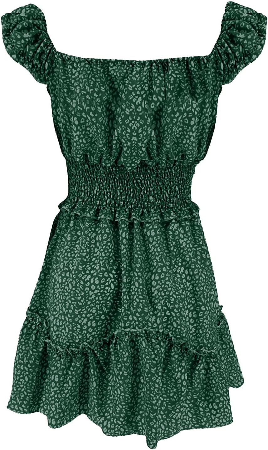 iQKA Women Short Mini Dress Summer Bohemian Floral Print Short Sleeve Square Neck Sexy Babydoll Dresses S-3XL