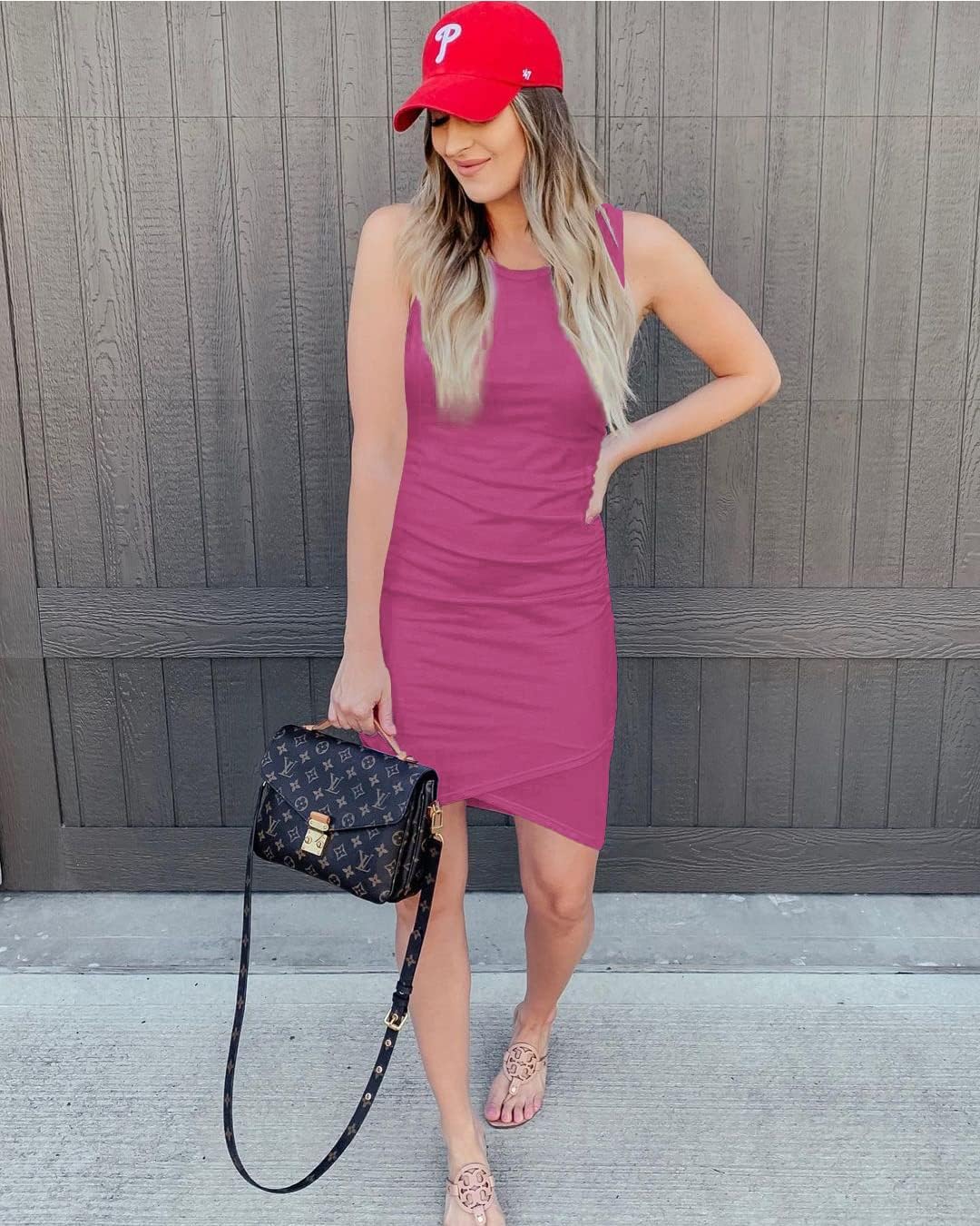 BTFBM Women 2025 Summer Sleeveless Tank Dresses Crew Neck Slim Fit Short Casual Ruched Bodycon Party Club Mini Dress