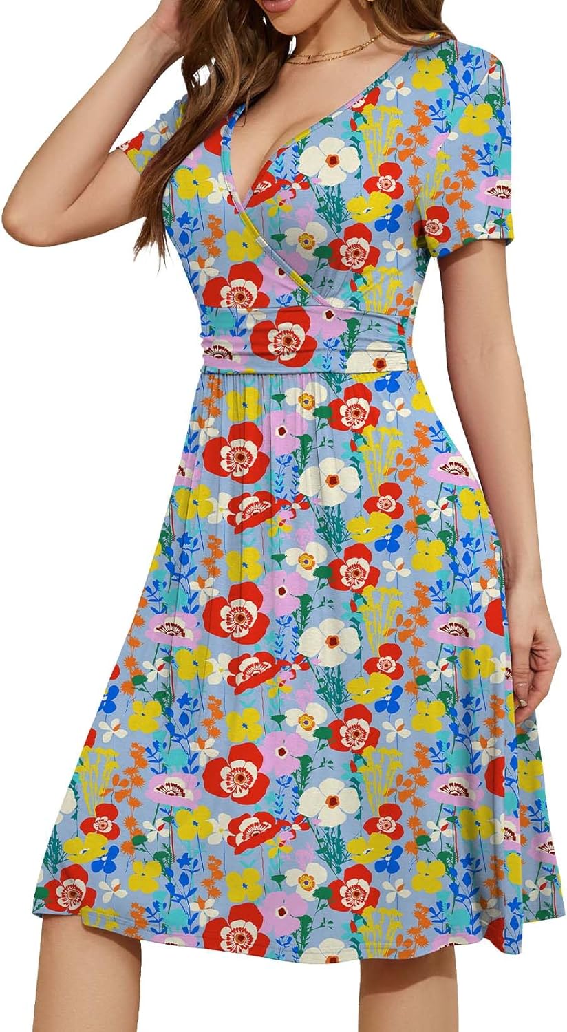 WEACZZY Women's Summer Short Sleeve Casual Dresses V-Neck Floral Party Dress with Pockets