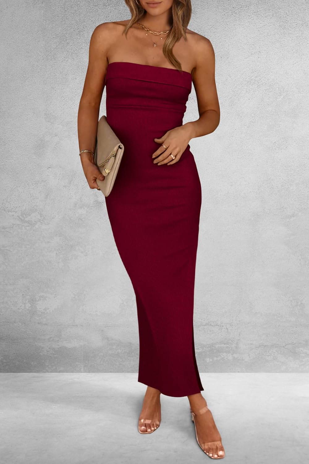 PRETTYGARDEN Women's Summer Bodycon Maxi Tube Dress Ribbed Strapless Side Slit Long Going Out Casual Elegant Party Dresses