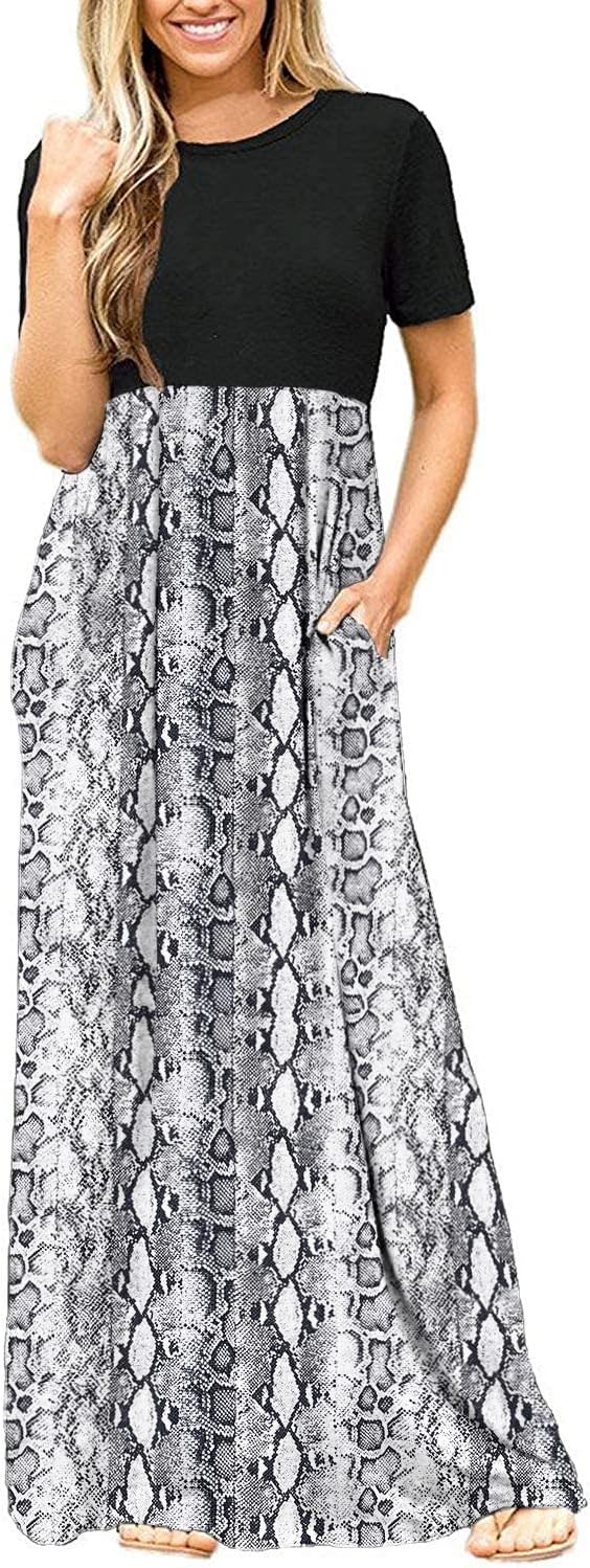 DEARCASE Maxi Dress for Women Short Sleeve Casual Summer Loose Plain Comfy Long Dresses with Pockets