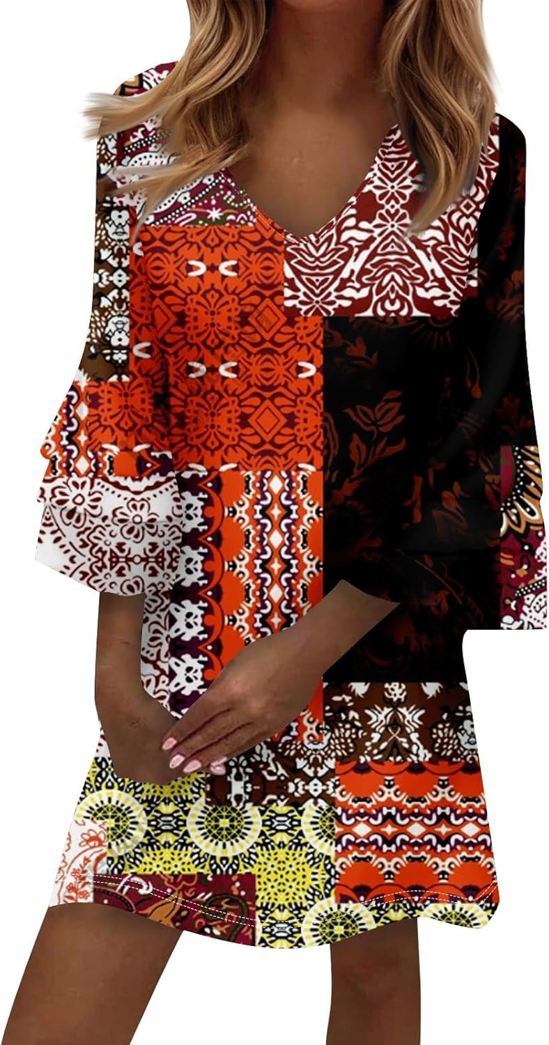 Beach Dresses for Women,2025 Summer Trendy Floral Print Boho Dress,Casual Loose V Neck Bell 3/4 Sleeve Mini Dress