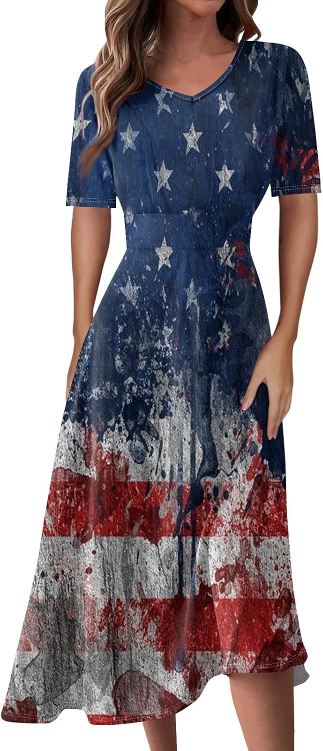 Women's Patriotic Star Print Midi Short Sleeve V-Neck Casual A-Line Dress for Summer Parties & Events