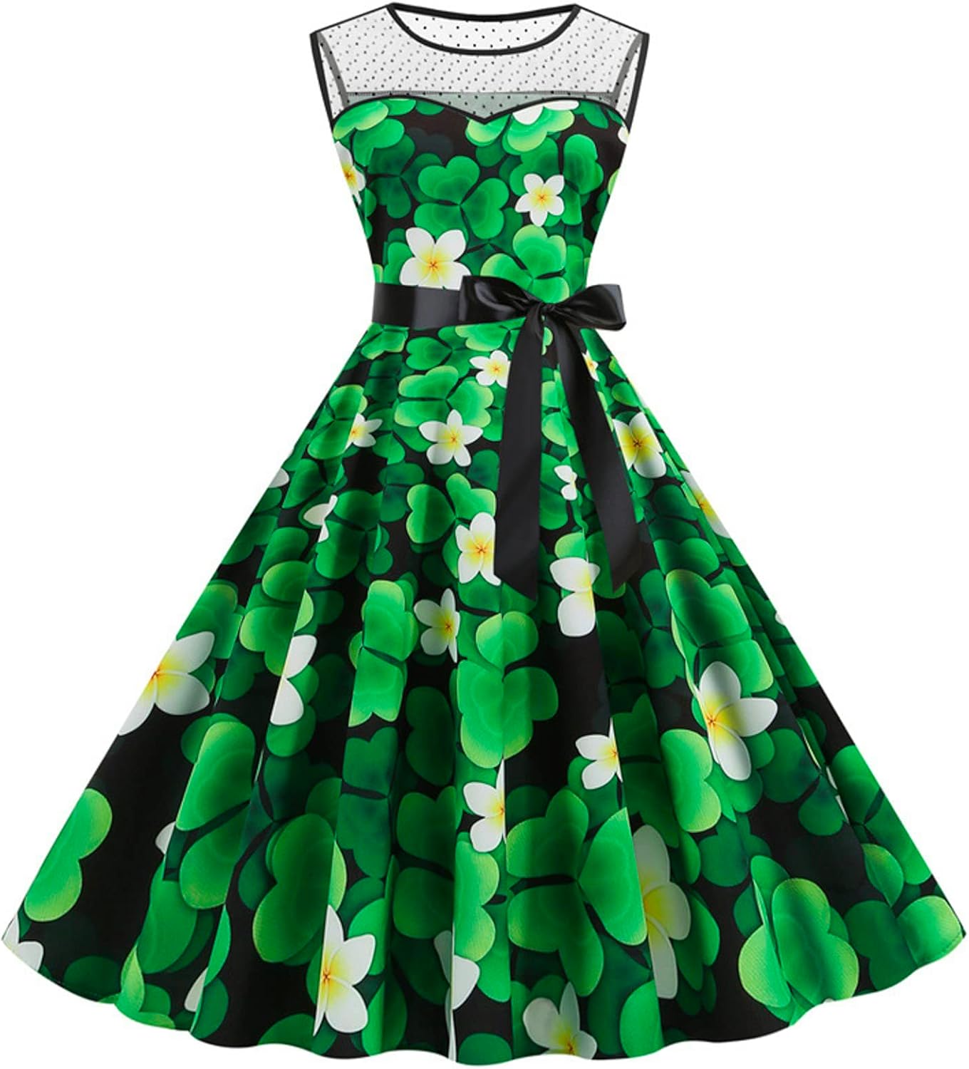 aihihe St Patricks Day Dress for Women A Line Pleated Hepburn Dress Lukcy Shamrock Print Irish Dress 2024 Vintage Dress