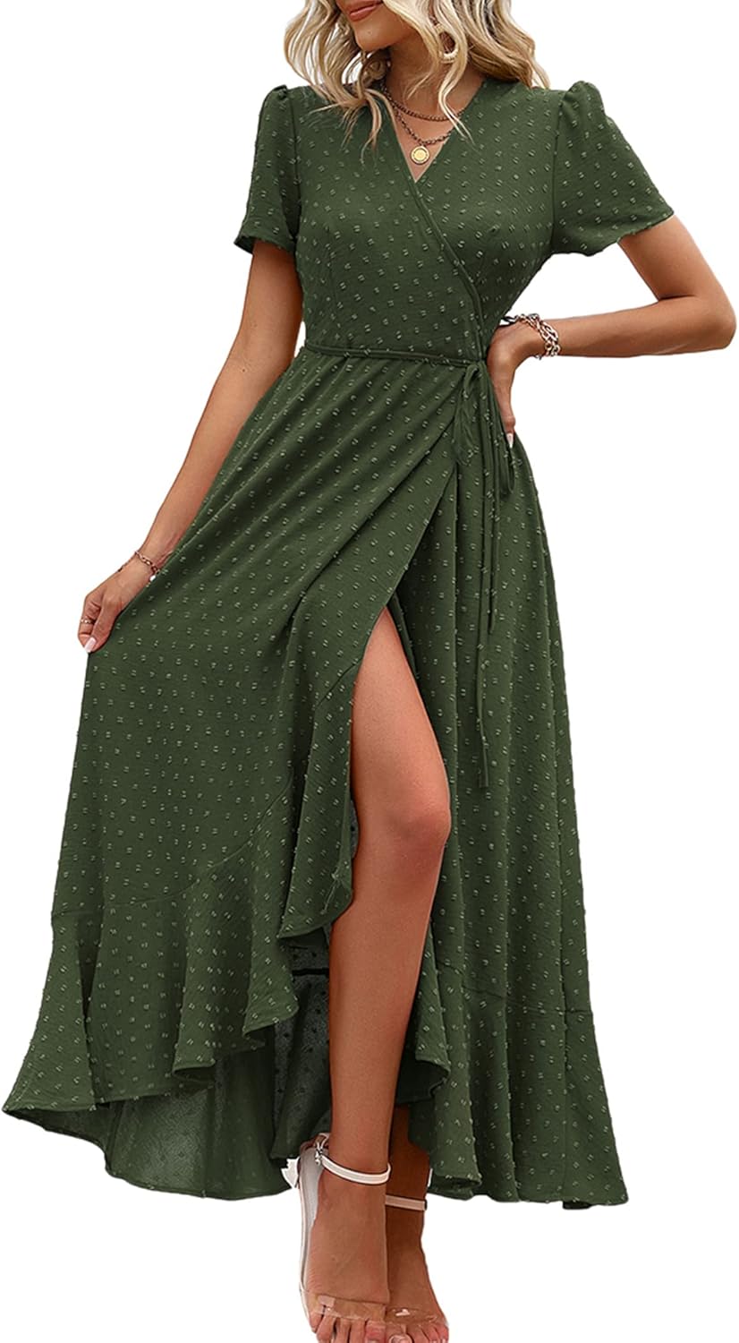 PRETTYGARDEN Women's Summer Wrap Maxi Dress Casual Short Sleeve Floral Boho V Neck Split Ruffle Beach Long Dresses