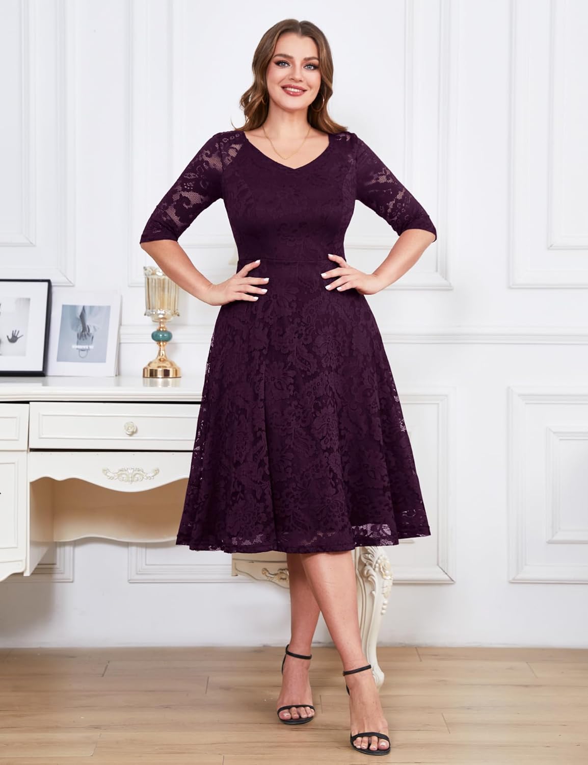 Dressystar Womens Long-Sleeve Wedding Guest Dress A-Line Lace Formal Party Cocktail Midi Dress Prom Gown