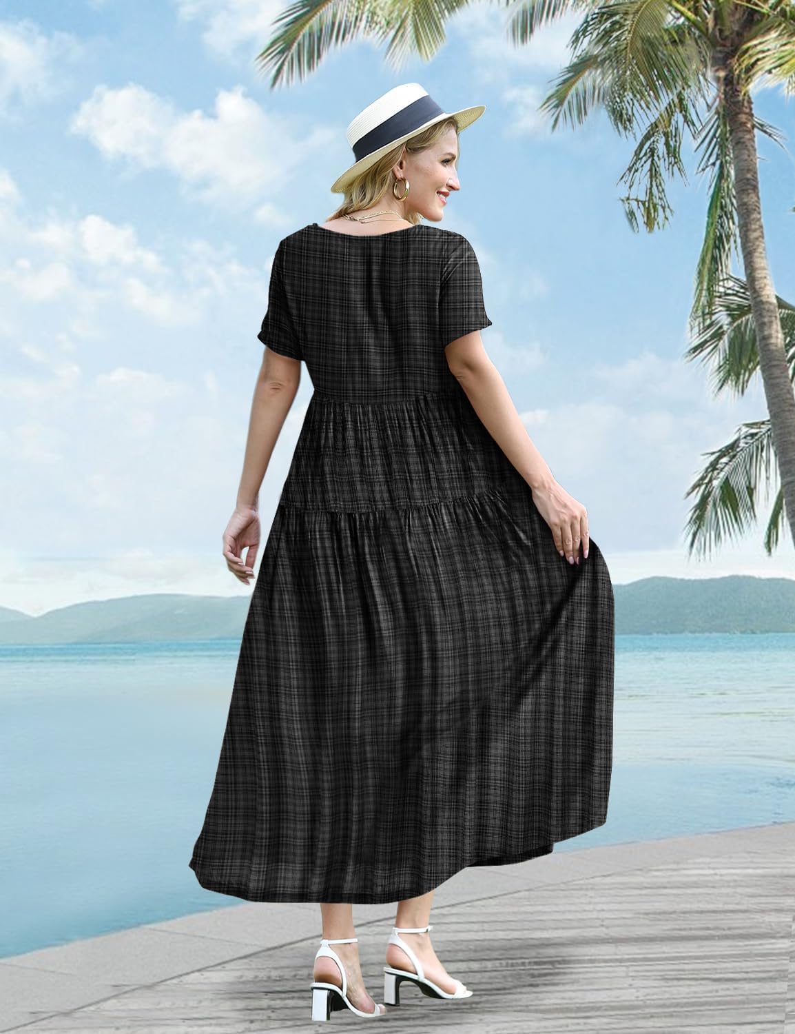YESNO Women Casual Loose Bohemian Floral Dress with Pockets Short Sleeve Long Maxi Summer Beach Swing Dress EJF