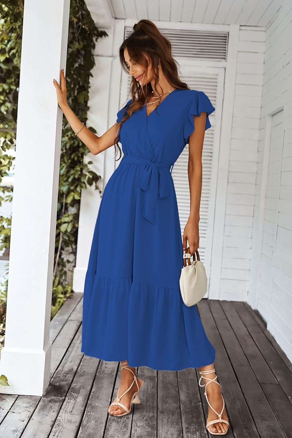 PRETTYGARDEN Women's Summer Floral Boho Dress Wrap V Neck Short Sleeve Ruffle A-Line Flowy Maxi Wedding Guest Dresses