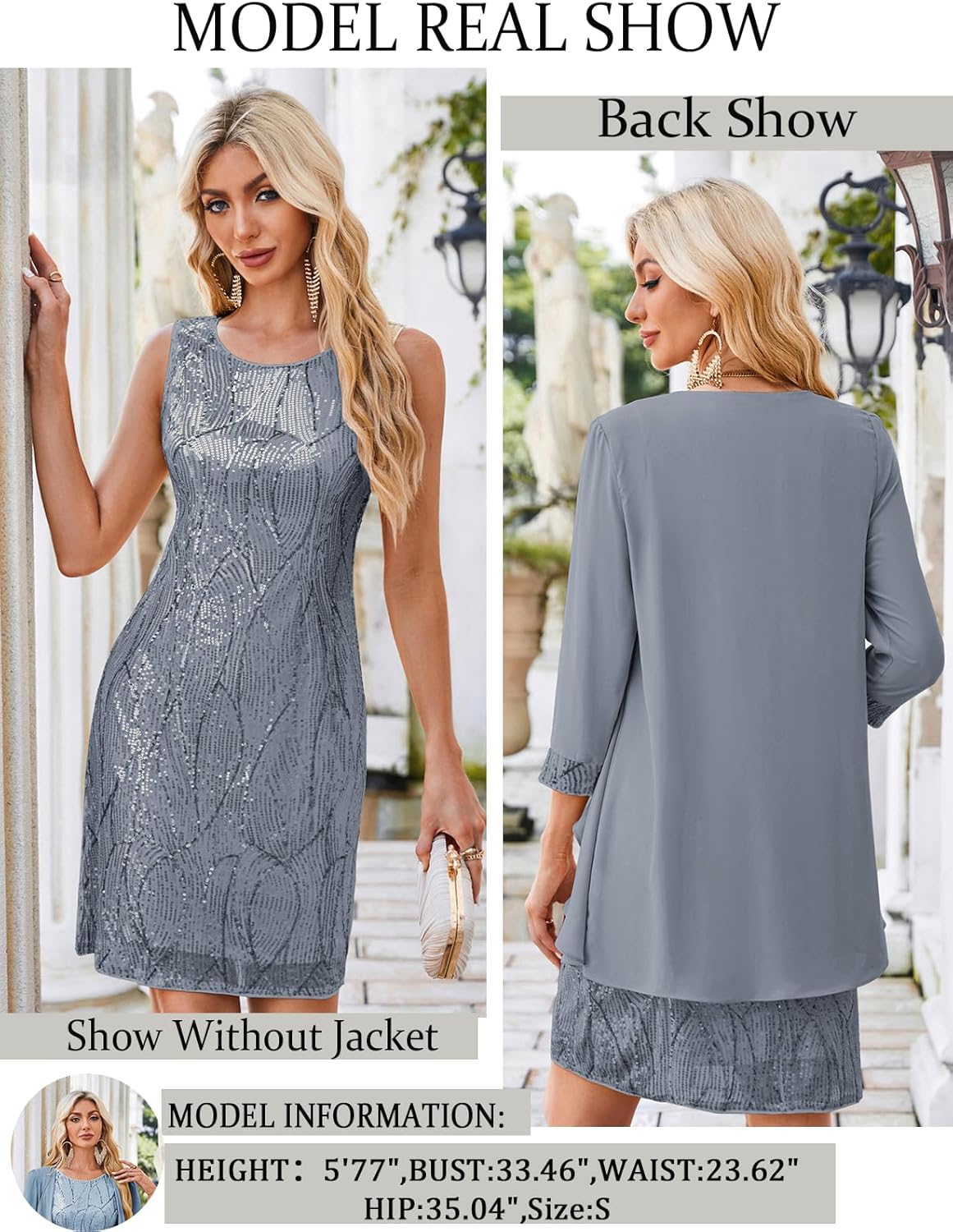 GRACE KARIN Sequin Dress for Women Knee Length Mother of the Bride Dresses Formal Dress Two Piece Dress with Chiffon Jacket