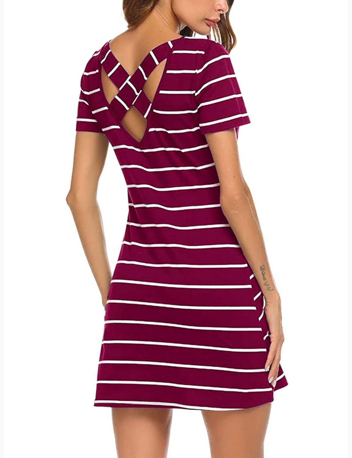 Feager Women's Casual Striped Criss Cross Short Sleeve T Shirt Dress