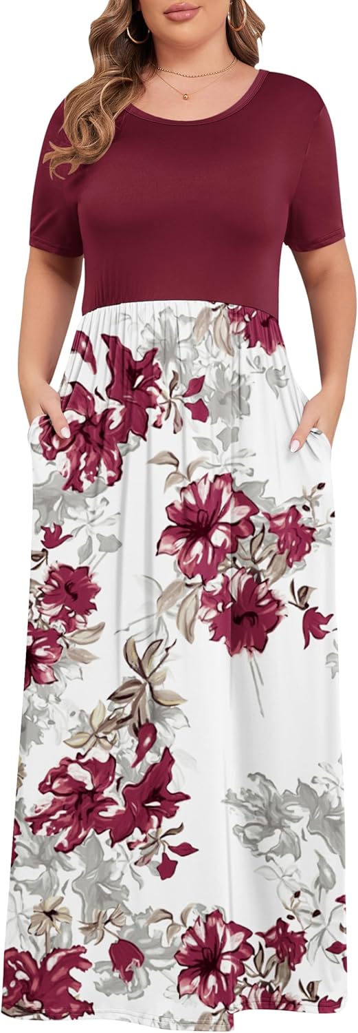 KARALIN Women’s Plus Size Maxi Dresses for Curvy Women Summer Casual Short Sleeve 2025 Long Dress 14W-26W