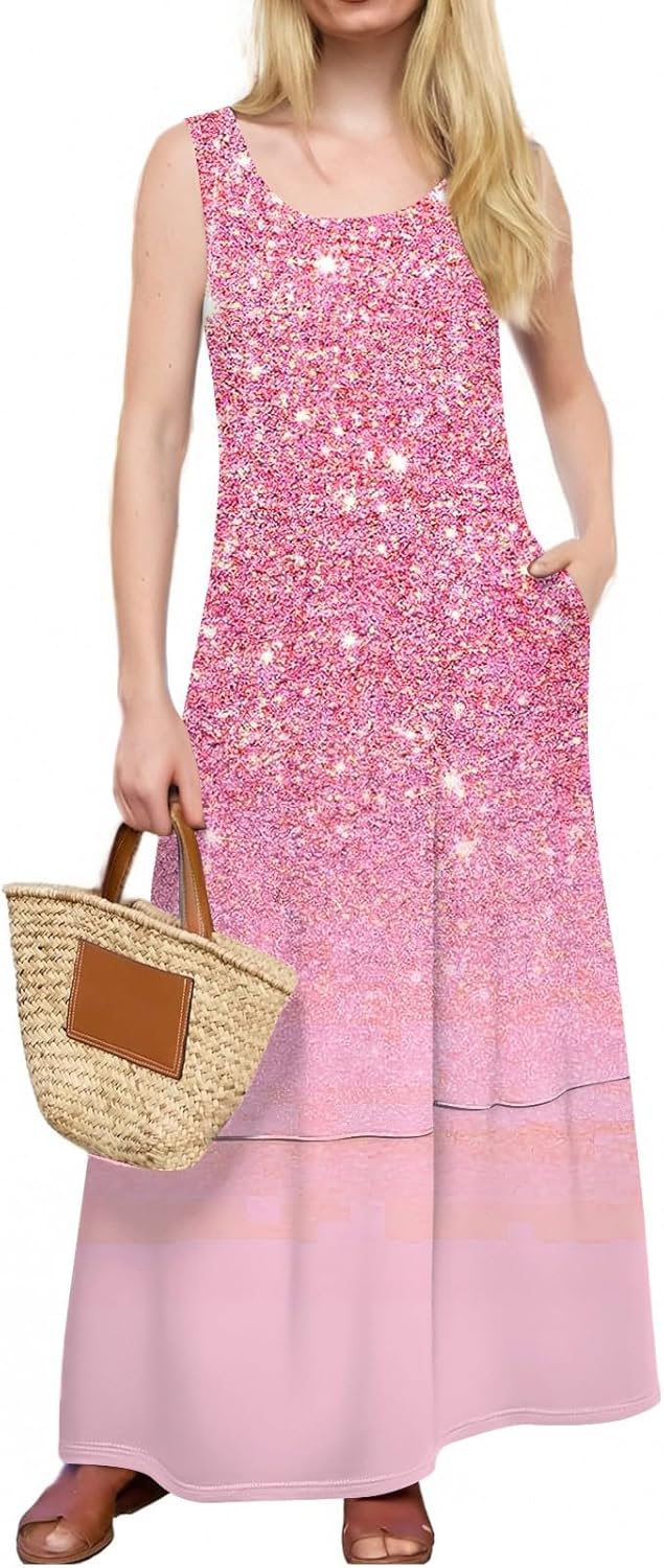 Womens Summer Tank Dress Vacation Boho Floral Long Dresses with Pockets Resort Wear Swing Beach Sleeveless Sundress