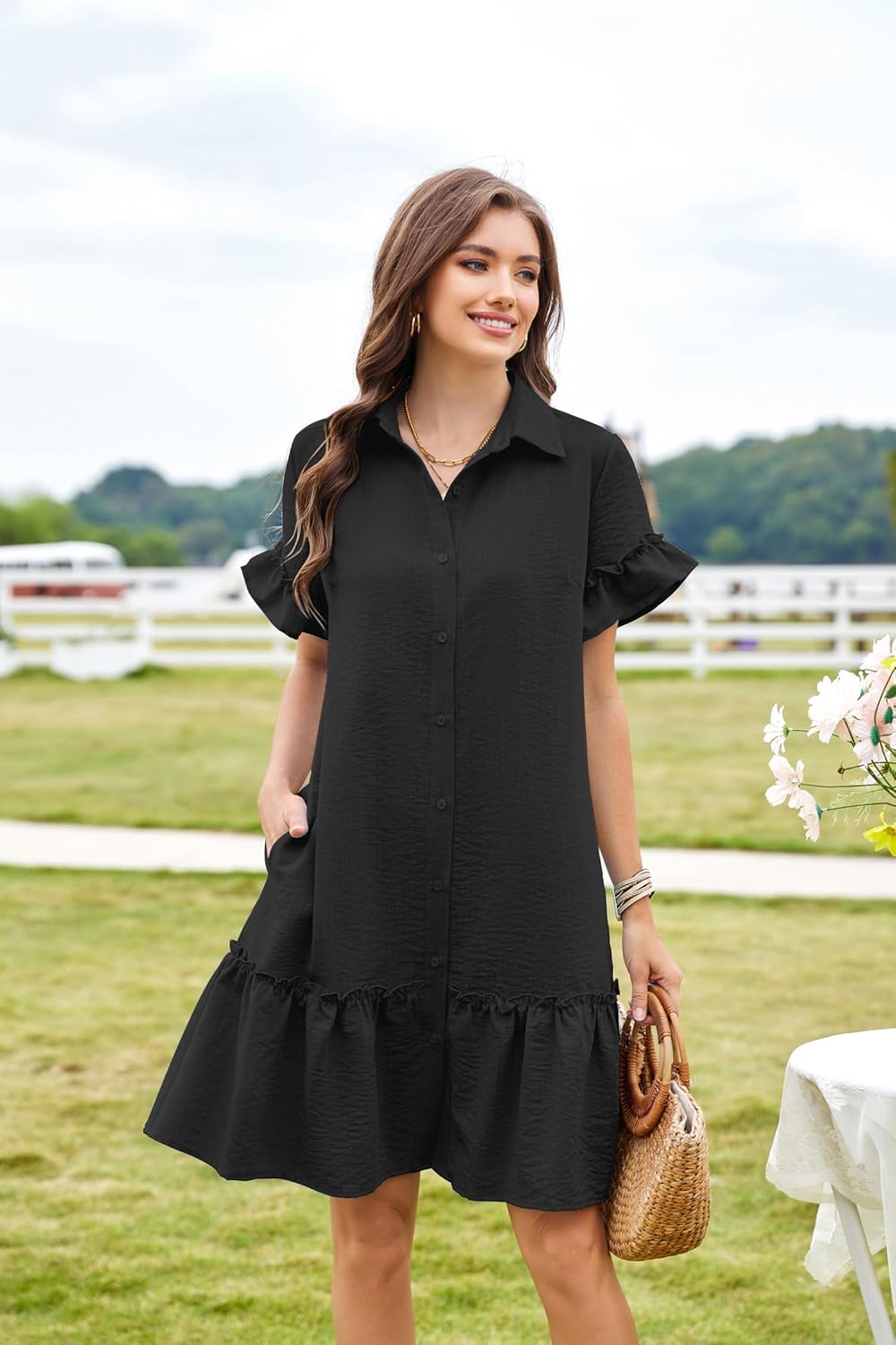 CCTOO Women's Summer Dresses Casual V Neck Button Down 3/4 Sleeve Floral Print Loose Flowy Shirt Dress