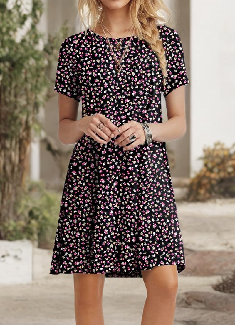 POPYOUNG 2025 Women's Summer Casual T-Shirt Dresses Crew Neck Beach Cover Up Sun Dress