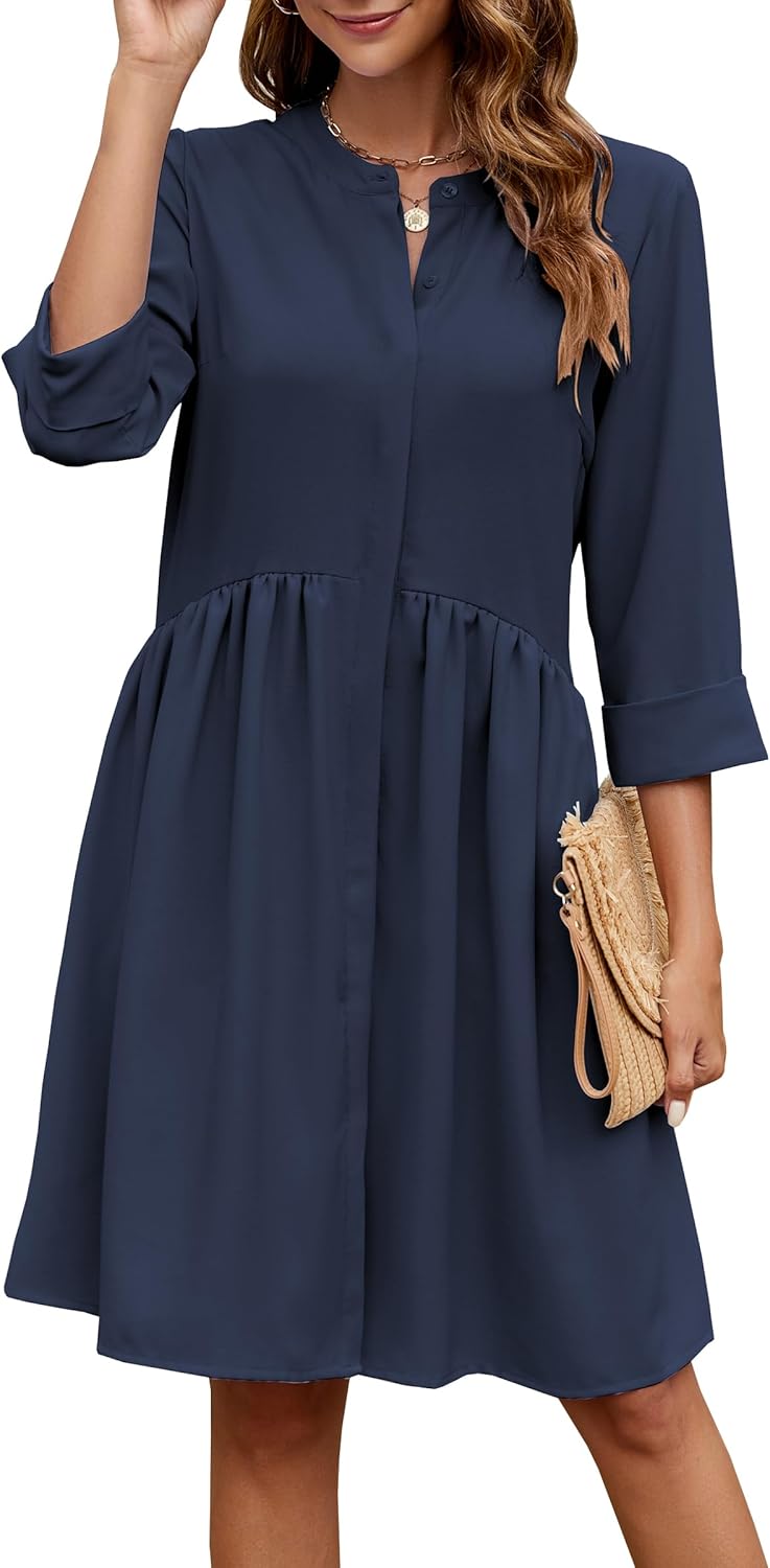 CCTOO Women's Summer Dresses Casual V Neck Button Down 3/4 Sleeve Floral Print Loose Flowy Shirt Dress