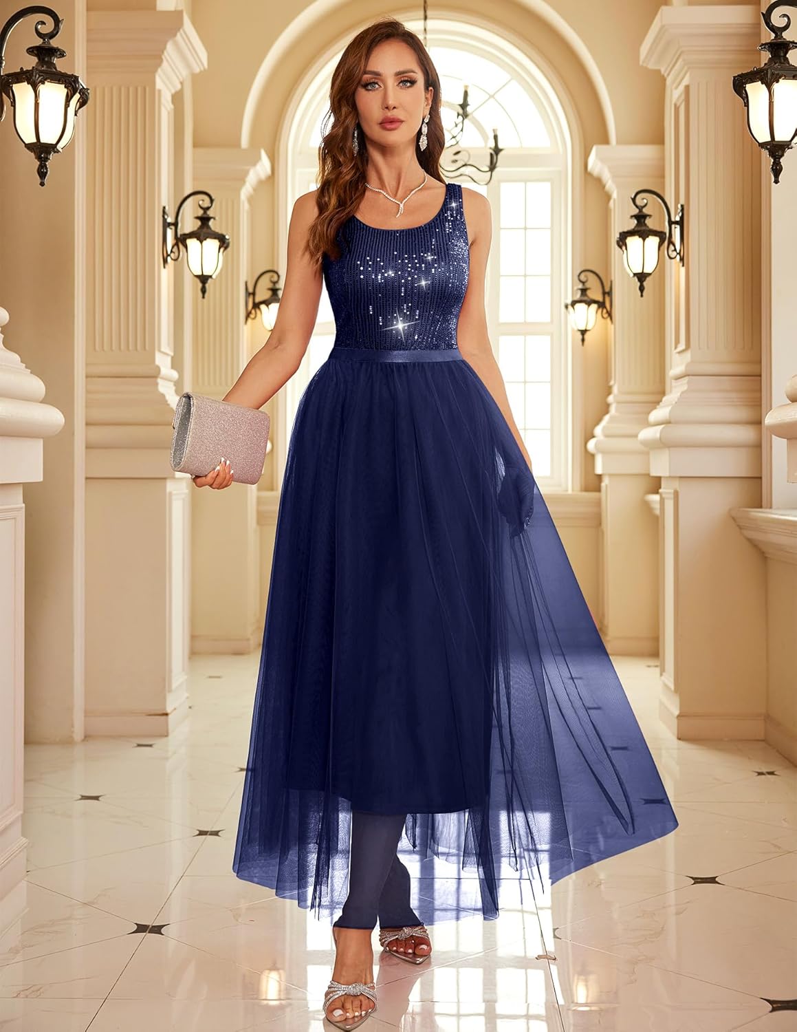 BeryLove Sequin Dress for Woman Vintage A Line Wedding Formal Swing Mesh Dress Sleeveless Cocktail Maxi Gowns