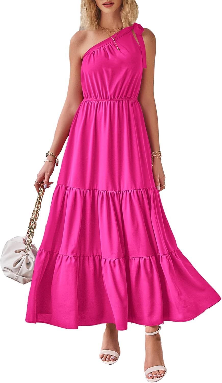 PRETTYGARDEN Women's Summer Floral Maxi Dress Knot One Shoulder Sleeveless Ruffle Flowy Boho Beach Wedding Guest Dresses