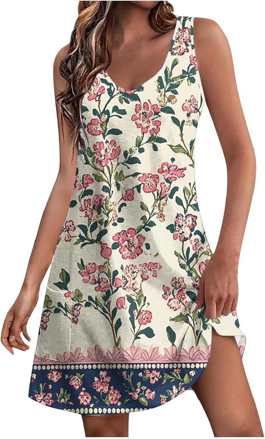 Womens 2025 Spring Summer Dresses Casual Floral Print V-Neck Tank Dress Curve Hem Pleated A-Line Sundresses