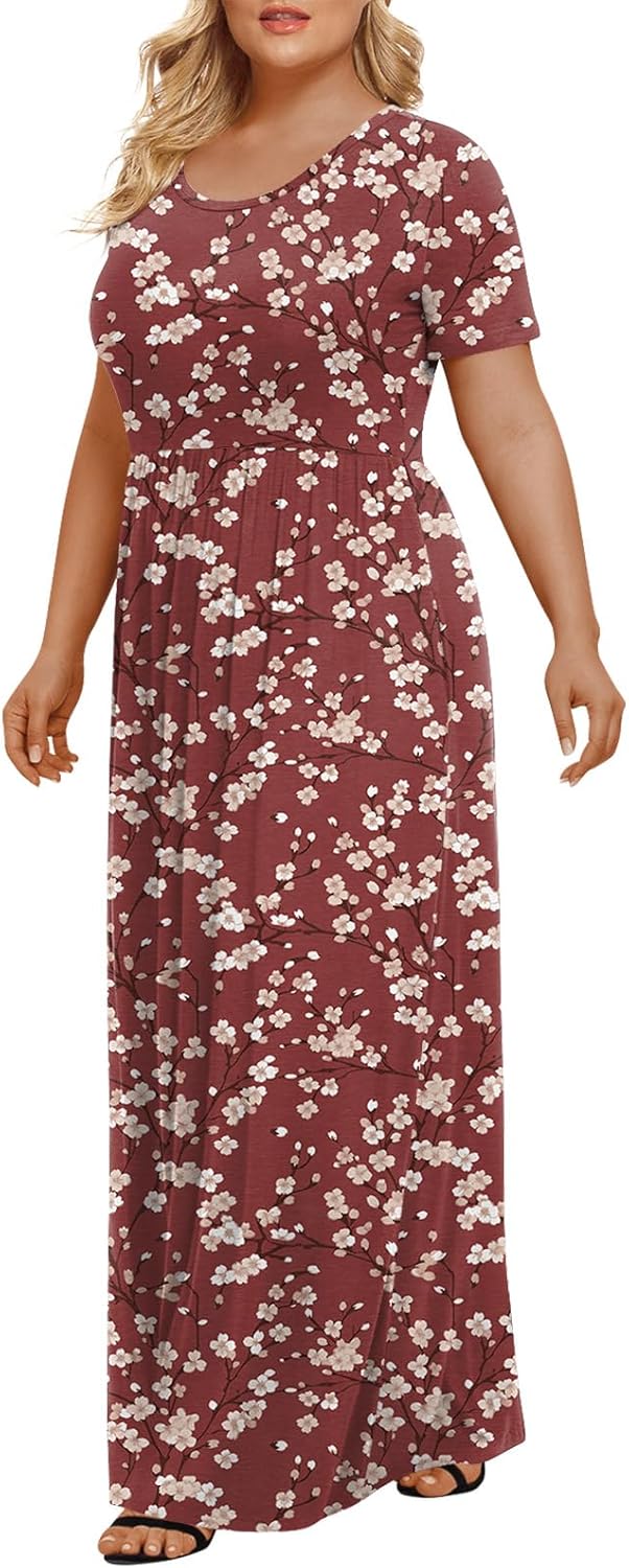 LONGYUAN Women's Plus Size Maxi Dresses for Curvy Women Summer Short Sleeve Casual 2025 Long Dress XL-6XL