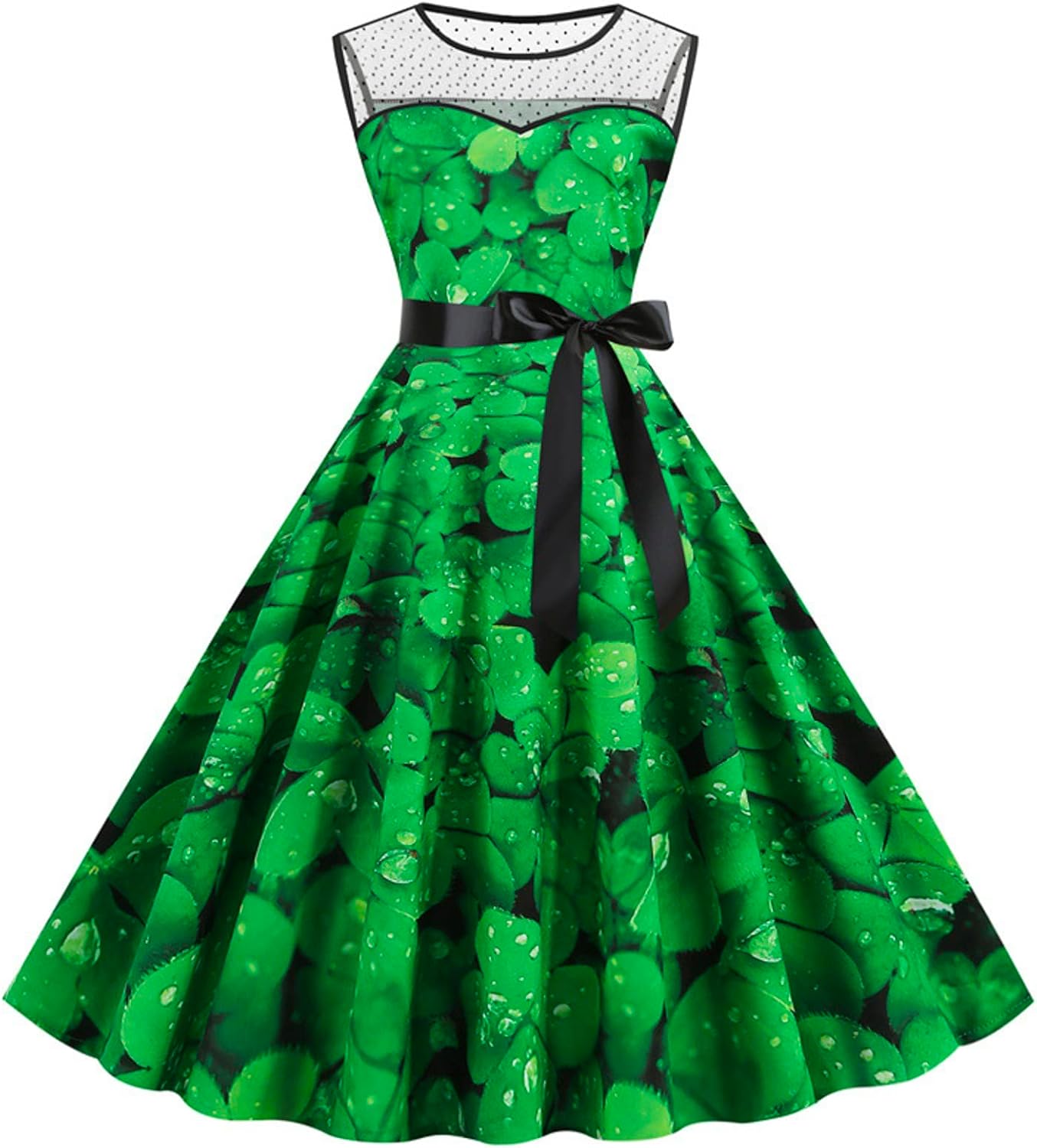 aihihe St Patricks Day Dress for Women A Line Pleated Hepburn Dress Lukcy Shamrock Print Irish Dress 2024 Vintage Dress