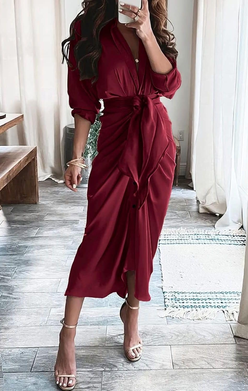 Women's Swing Classic Cute Maxi Ruched Breathable Shirt Dresses Bownot Slim Fitted Dress