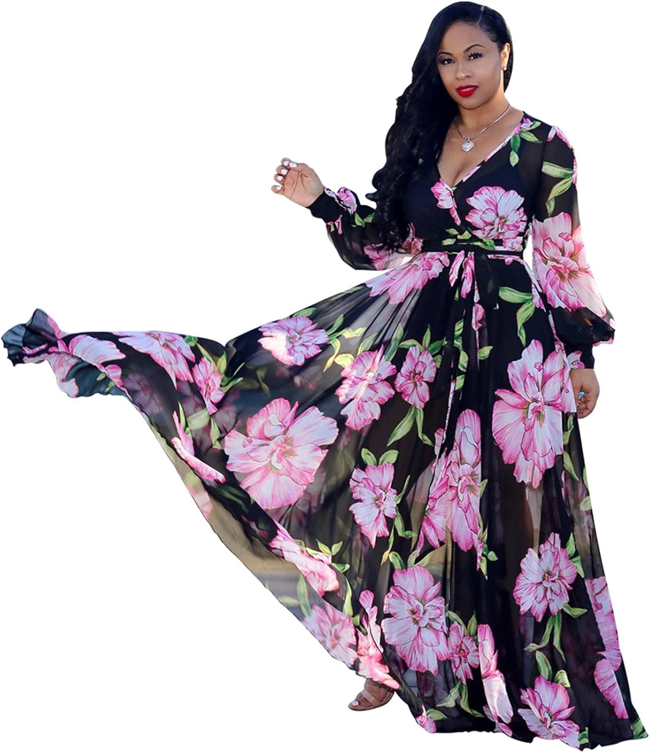 Nuofengkudu Womens Chiffon Deep V-Neck Stripe Printed Maxi Dress Unique Loose Summer Boho Dresses High Waiste(S-5XL)