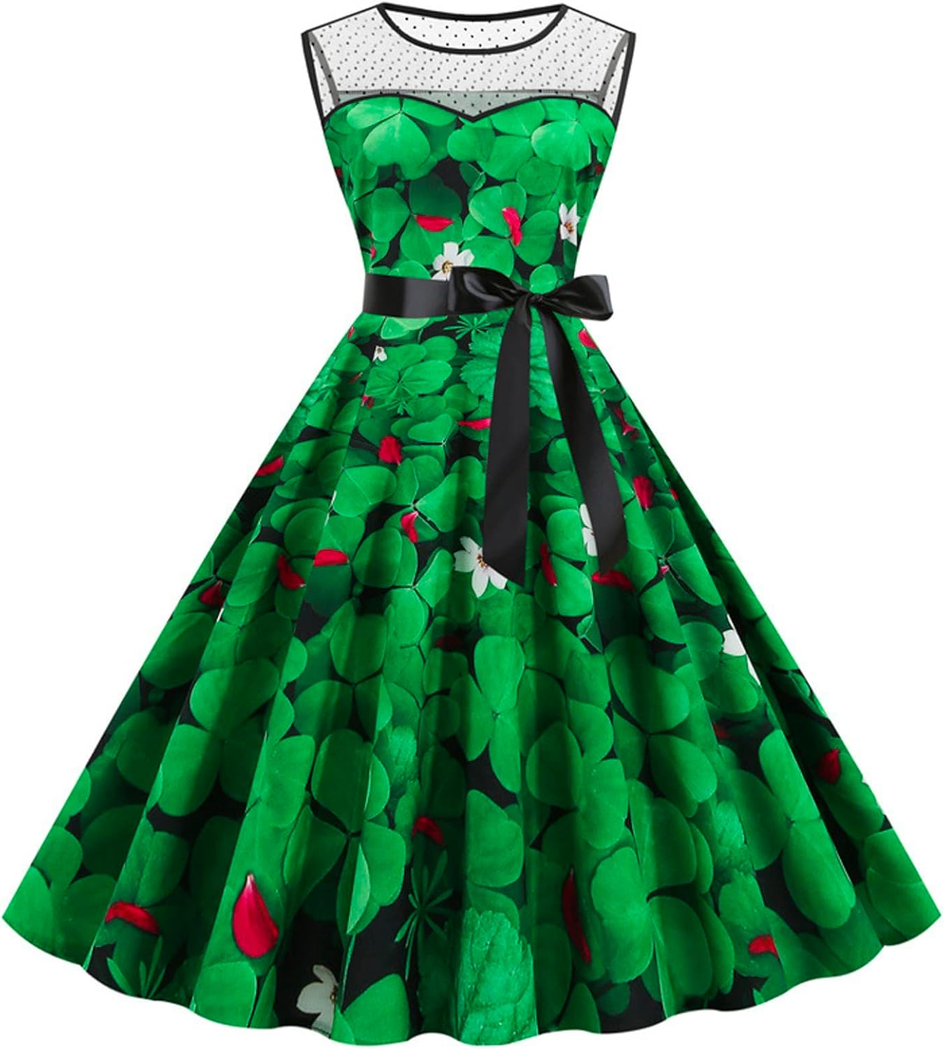 aihihe St Patricks Day Dress for Women A Line Pleated Hepburn Dress Lukcy Shamrock Print Irish Dress 2024 Vintage Dress