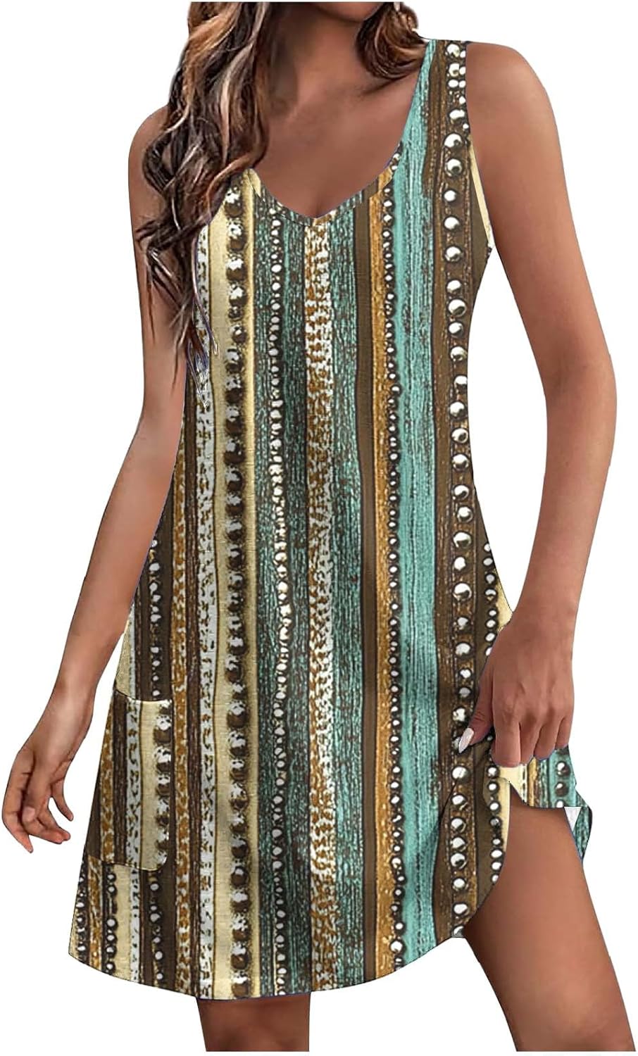 Womens 2025 Spring Summer Dresses Casual Floral Print V-Neck Tank Dress Curve Hem Pleated A-Line Sundresses