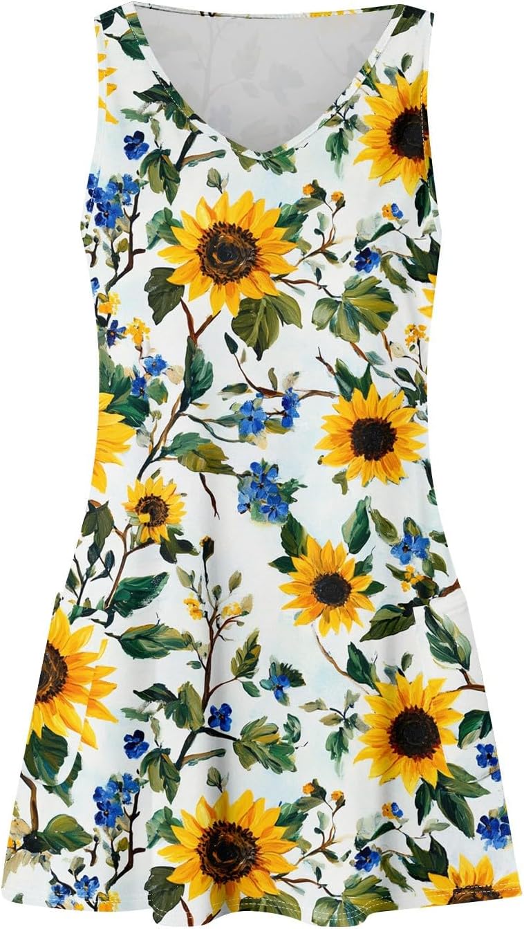 Women's Sleeveless Floral Print Summer Dress Casual V-Neck A-Line Mini Dress for Beach Party and Daily Wear