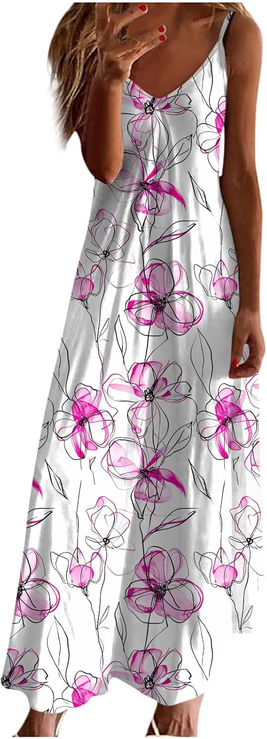 Womens Floral Maxi Dresses Spaghetti Strap Casual Summer Long Dress Vneck Flowy Boho Beach Sundress Vacation Outfits