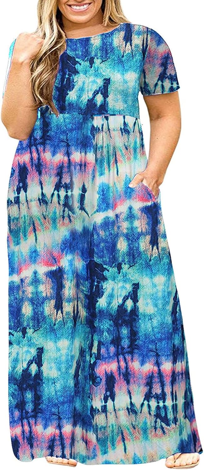 Kancystore Women's Short Sleeve Plus Size Maxi Dress with Pockets Loose Casual Summer Dresses