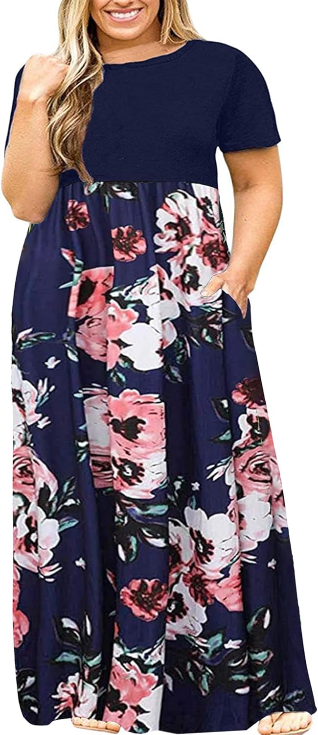 Kancystore Women's Short Sleeve Plus Size Maxi Dress with Pockets Loose Casual Summer Dresses