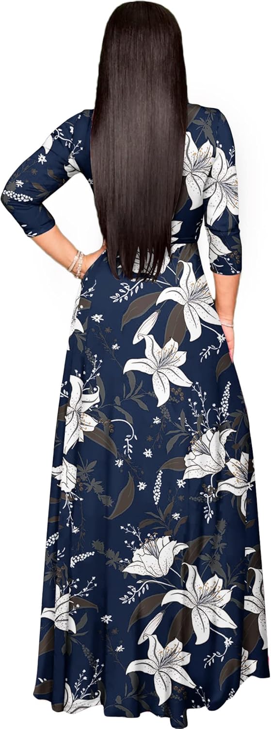 FANDEE Plus Size Maxi Dress for Women Casual Summer Sundress V-Neck 3/4 Sleeve