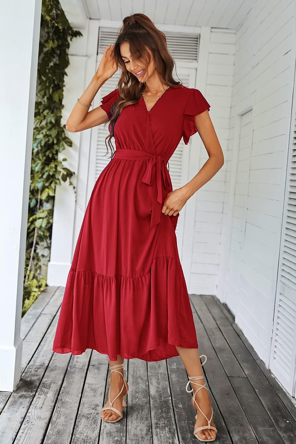 PRETTYGARDEN Women's Summer Floral Boho Dress Wrap V Neck Short Sleeve Ruffle A-Line Flowy Maxi Wedding Guest Dresses