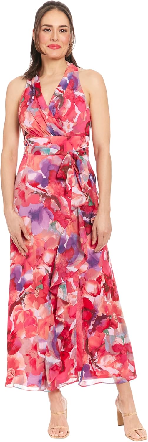 London Times V-Neck Waist Tie Ruffle Cascade Wedding Guest Dresses for Women