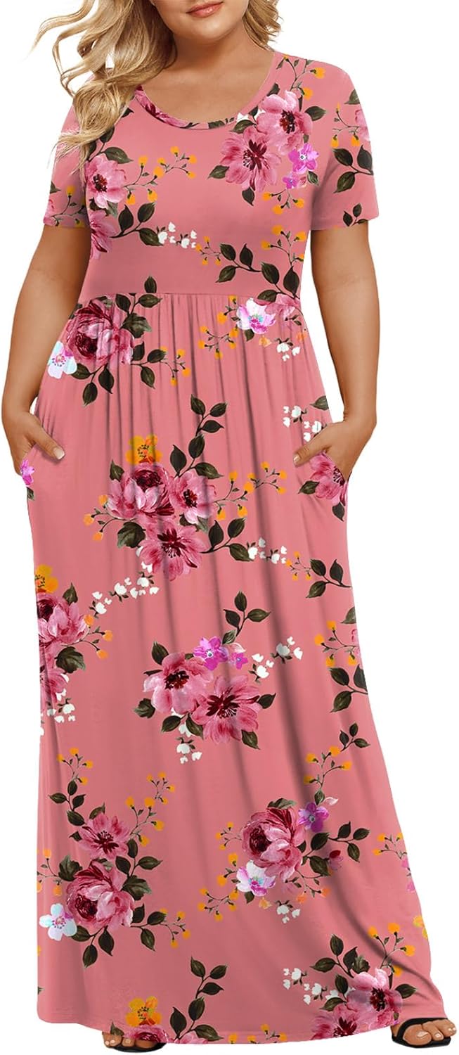 LONGYUAN Women's Plus Size Maxi Dresses for Curvy Women Summer Short Sleeve Casual 2025 Long Dress XL-6XL