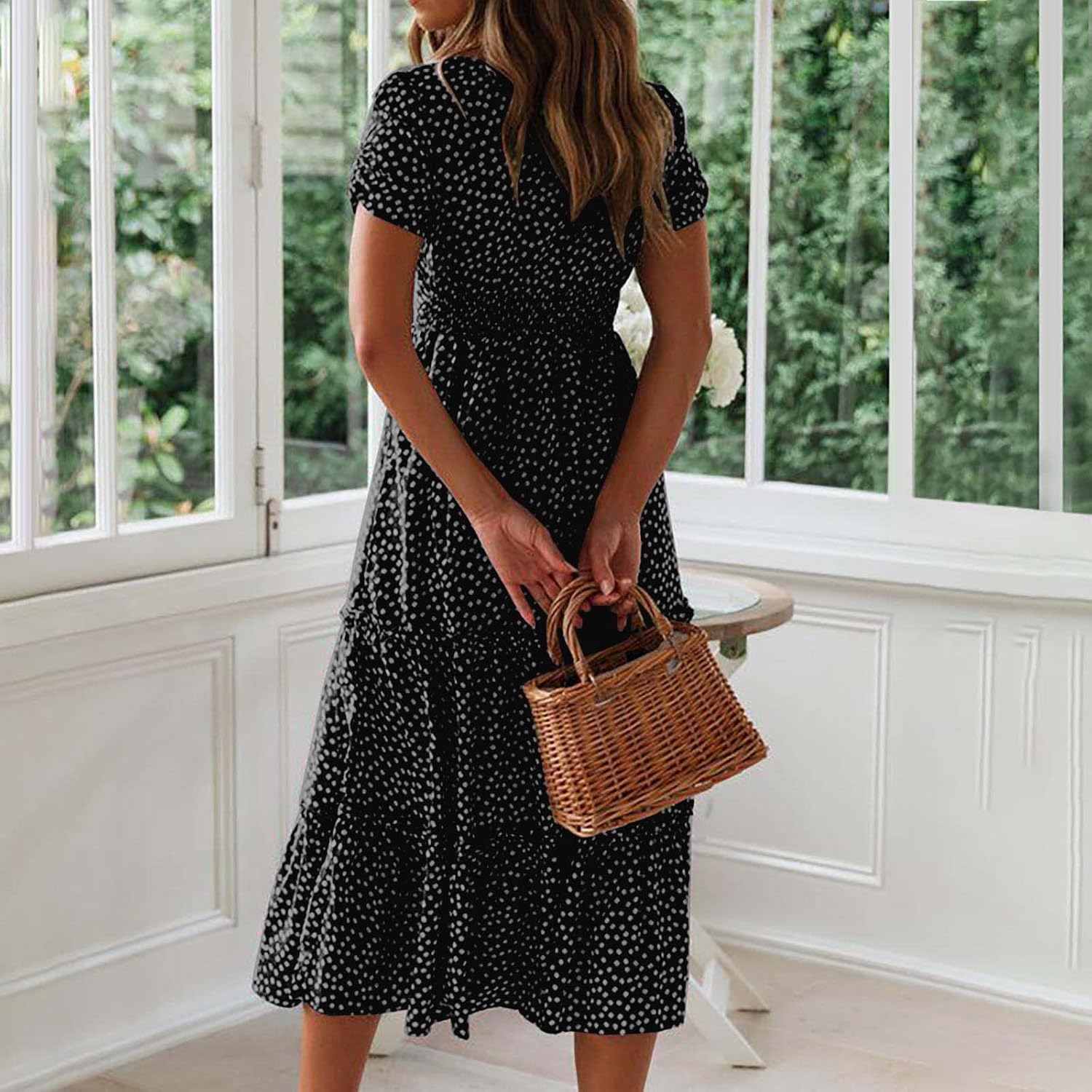 Womens Short Sleeve Dress Dress for Women Scoop Neck Chiffon Beach Hawaiian Pleated Maxi Long Dress 2025
