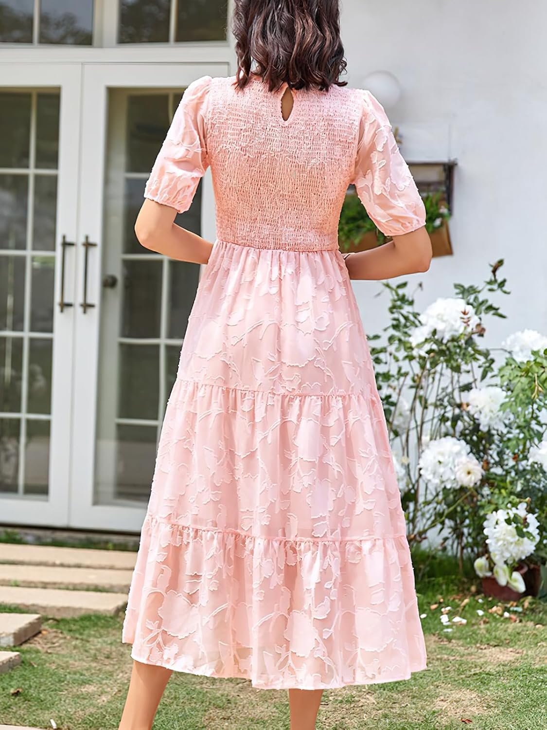 ebossy Women's Casual Smocked Lace Party Dress Puff Sleeve A-line Flowy Tiered Jacquard Midi Dress