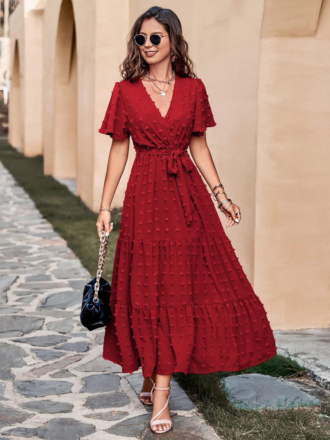 MASCOMODA Womens Boho Swiss Dot Maxi Dresses Wrap V Neck Flutter Short Sleeve Solid Tie Belt A Line Tiered Flowy Long Dress