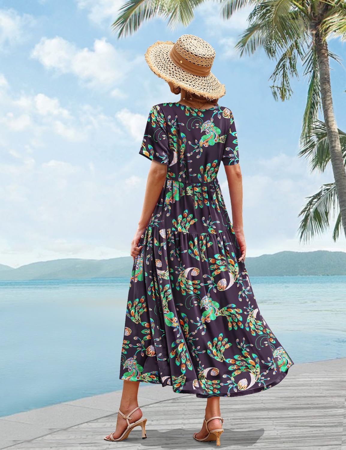YESNO Women Casual Loose Bohemian Floral Dress with Pockets Short Sleeve Long Maxi Summer Beach Swing Dress EJF