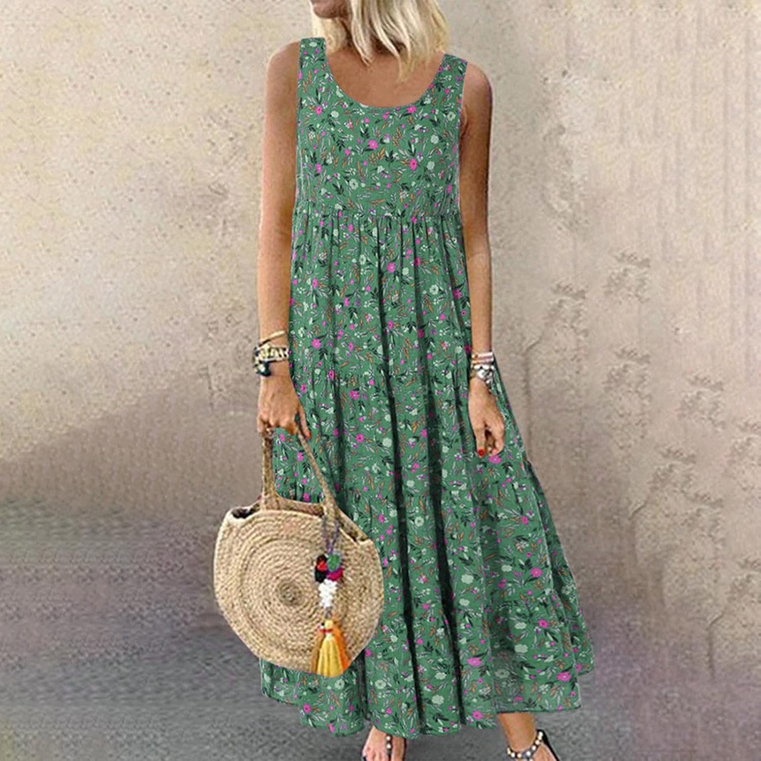 Ceboyel Women Boho Floral Maxi Dresses Flowy Tank Dress Sleeveless Smocked Sundresses Trendy Casual Beach Long Sun Dress